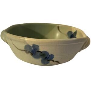 Follette handcrafted pottery bowl, w/blue painted floral design.  And 2 handles